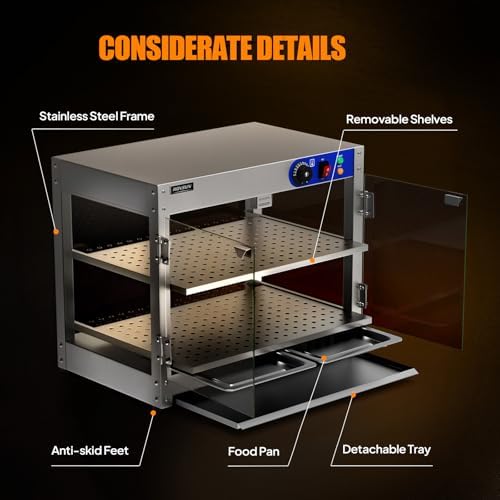 ROVSUN 2-Tier Food Warmer Pizza Warmer, Commercial Food Warmer Display with LED Lighting Removable Shelves Glass Door, Electric Countertop Food Warmer for Buffet Restaurant 110V 800W - Image 4