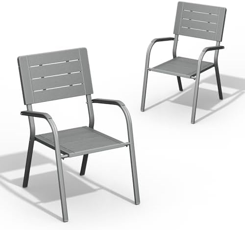 VINGLI Outdoor Patio Dining Chairs, Stackable HDPE All-Weather Arm Chairs, Weatherproof Outdoor Seating for Garden, Backyard, Poolside, Balcony,Grey (2 Pack) by VINGLI