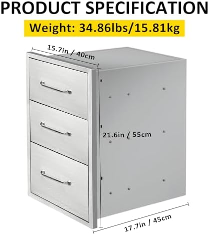 Outdoor Kitchen Drawers 15.7" W x 21.6" H x 17.7" D Flush Mount Triple BBQ Drawers with Chrome Handle Stainless Steel Drawer for Outdoor Kitchen Island, Patio Grill Station - Image 2