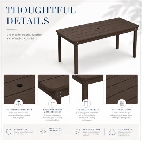 64" Rectangular Outdoor Dining Table, All-Weather HDPE Patio Table for 6-8 Person, Large Composite Wood Furniture with Umbrella Hole for Backyard Deck Garden Poolside, Coffee - Image 7