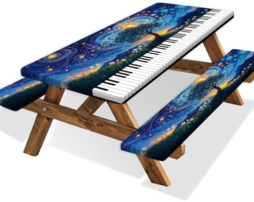 Piano Keyboard Picnic Table Cover with Bench Covers, Camping Essentials, Whirlpool Star Tree Flower Waterproof Windproof, Fitted Tablecloth Cover with Elastic Edge for Outdoor Garden 3 PCS 30x60 Inch by Xguatan