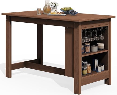 SERWALL Outdoor HDPE Counter-Height Bar Table with Storage Rack, Brown by SERWALL