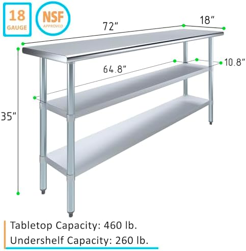 72" x 18" Stainless Steel Work Table with 2 Adjustable Undershelves NSF - Image 3