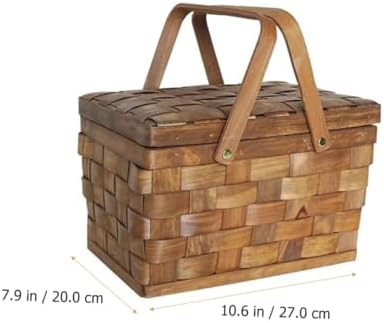 Wood Chip Woven Picnic Basket with Handle, Coffee Color Empty Basket for Fruit and Vegetable Storage, Outdoor Sundries Organizer for Home and Garden Use - Image 2