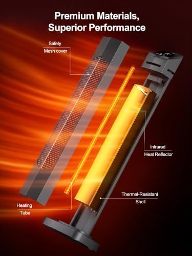 MEPTY Outdoor Heaters for Patio, 1500W Electric Infrared Heater with Remote, IP65 Waterproof, 12H Timer, Tip-Over&Overheat Protection, Quiet Operation, Tower Space Heater for Garage, Indoor,Room, Grey - Image 7