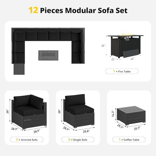Aoxun Patio Furniture Set with Fire Pit Table, 12 Piece Outdoor Sectional Sofas, 10 Seats Wicker Rattan Outdoor Furniture with Thickened Cushion for Backyard, Garden Black - Image 7
