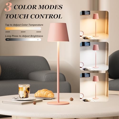 Kakanuo Cordless Table Lamp Rechargeable Pink - KK 2 Pack 5000mAH Battery Operated Lamp for Counter, 3 Color Stepless Dimming Wireless Lamp for Dining Kitchen, Outdoor Patio, Touch Control - Image 2