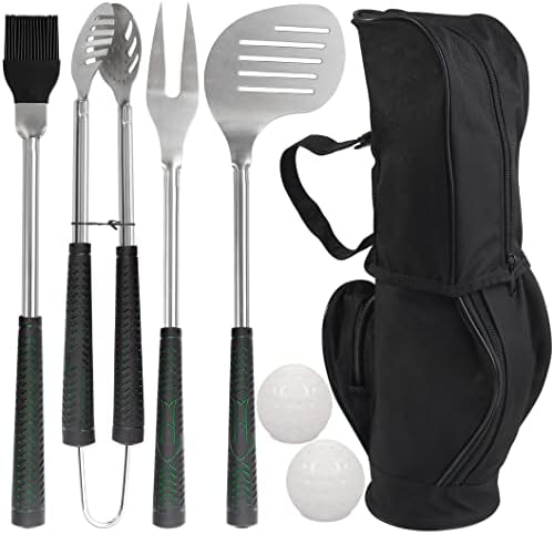 POLIGO 7PCS Golf-Club Style BBQ Tool Set Grilling Tools with Rubber Handle - Stainless Steel Grill Accessories for Outdoor Grill Set Premium Grill Utensils Set Fathers Day Birthday Gifts for Men Black by POLIGO