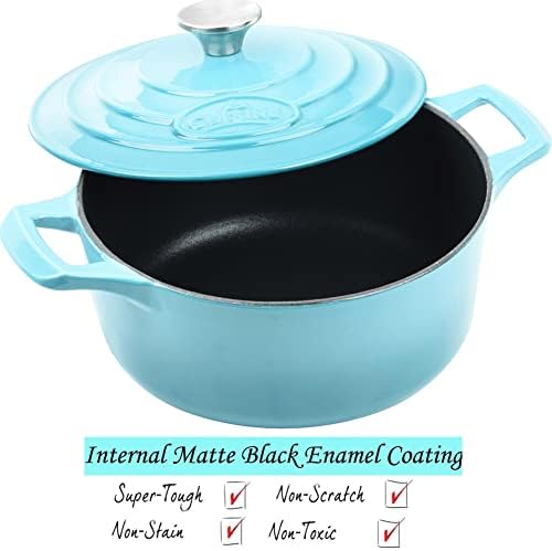 La Cuisine Enameled Cast Iron Dutch Oven Casserole Pot with Lid, Internal Matte Black Enamel Coating for bread baking 5 QT 10.5" / 26cm Ø, For GalssTop Stove, Oven-Safe, Teal - Image 3