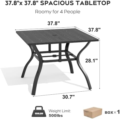 37.8'' Outdoor Dining Table for 4, Metal Patio Dining Table with Umbrella Hole, Anti-Rust Waterproof Square Table for Porch Deck Poolside Garden Backyard - Image 2