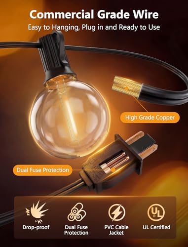 100FT G40 LED Outdoor String Lights, Patio Globe Lights with 52 Shatterproof LED Bulbs, Waterproof Dimmable Hanging Lights, Connectable Black Wire Bistro Lights for Backyard Porch Garden Party Café - Image 6