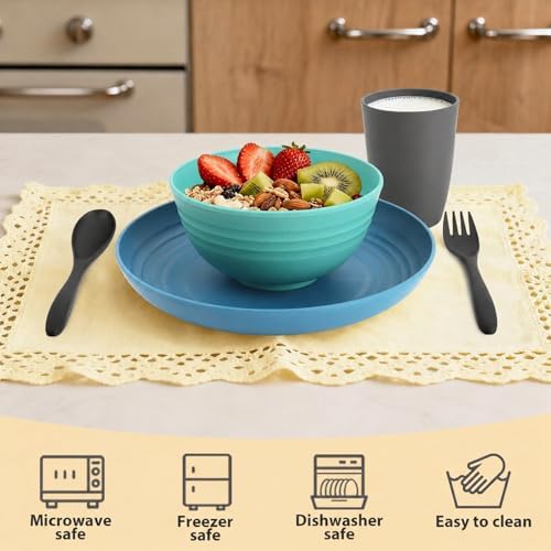 20PCS Plastic Dishes Set for 4, Unbreakable Wheat Straw Plates and Bowl Set - Image 3