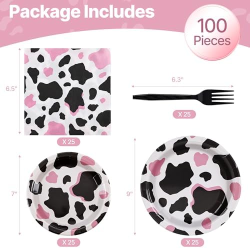 100 Pcs Disposable Pink Cow Print Tableware Set for 25 Guests - Image 2