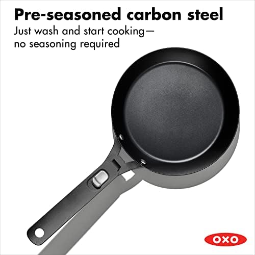 OXO Outdoor Pre-Seasoned Carbon Steel 8" Frying Pan Skillet, Detachable Handle for Easy Storage, Indoor Use, Nonstick with Use, Induction Suitable, Oven & Broiler Safe,Browning, Grill,Sear,Saute,Black - Image 2