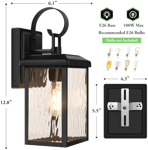 BesLowe 2-Pack Outdoor Wall Light Fixtures with Water Ripple Glass, Black - Image 5