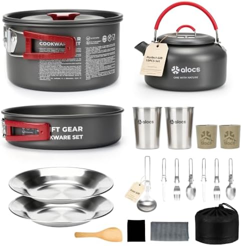 ALOCS 19pcs Camping Cookware Mess Kit, Pots and Pans Set with Kettle by Alocs