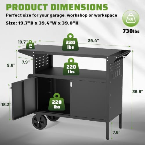 Rolling Workbench with Storage Cabinet,39.4" Mobile Garage Work Bench with Pegboard,Heavy Duty Steel Tool Cart with Wheels,Tool Storage Cabinet for Garage,Workshop,DIY and Home Repair - Image 2