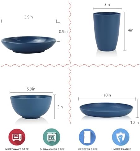 Wrova Wheat straw plates and bowls sets with cutlery - Unbreakable wheat straw dinnerware sets - Dishwasher safe plates,bowls,cups for apartment.Blue - Image 2