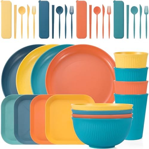 36PCS Wheat Straw Dinnerware Sets - Reusable Plates and Bowls Sets, Unbreakable Cups, Knives, Forks, Spoons & Chopstick, Microwave, Dishwasher Safe Tableware Kitchen Outdoor Camping Presents by SUNBAK
