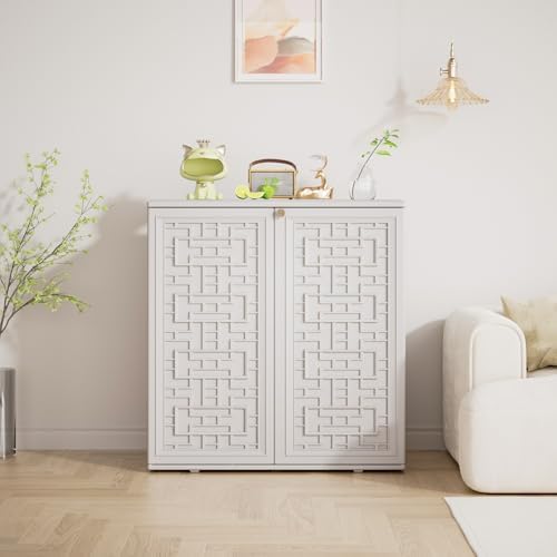 Mrosaa Indoor Outdoor Storage Cabinet Waterproof with Shelf, Off White Plastic Outdoor Cabinets for Patio/Garden/Backyard, Size 34.3''L*15''W*36.2''H - Image 3