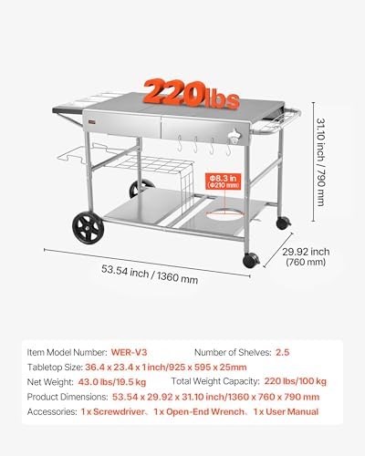 VEVOR Outdoor Grill Cart, Grilling Table, Movable Outdoor Cooking Table with 4 Spice Containers, Wheels, Lids, Hooks, BBQ Prep Tables for Picnic, Kitchen, Courtyard - Image 3