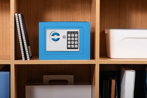 Small Safe Box With Digital Keypad & Keys - 9.05 x 6.7 x 6.7 Inches Wall Safe 0.23 Cuft Mini Security Lock for Money, Cash, Coin, Jewelry - Home Office Hotel Rooms Business (Blue2) - Image 4