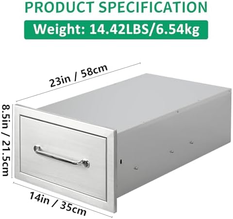 Outdoor Kitchen Drawers 14" W x 8.5" H x 23" D Stainless Steel Single Drawers with Ergonomic Handle for BBQ Island, Patio Grill Station & Outdoor Kitchen Cabinets - Image 2