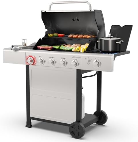 Kenmore 4-Burner Gas Grill with Side Burner, Outdoor BBQ Grill, Propane Gas Grill, Cast Iron Cooking Grates, Electronic Ignition, Warming Rack, Open Cart Design, 53000 BTUs, Stainless Steel by Kenmore