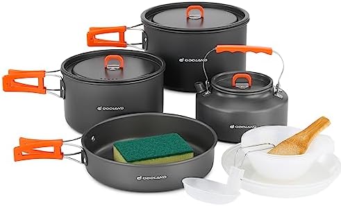 Odoland 15pcs Camping Cookware Non-Stick Lightweight Camping Pots and Pans Set with Kettle Plastic Plates Bowls Soup Spoon for Camping, Backpacking, Outdoor Cooking and Picnic by Odoland