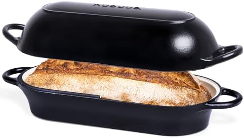 Enamelled Cast Iron Bread Loaf Pot – Dutch Oven For Sourdough Bread Baking – Oven Safe Non Stick Bread Pot – Rectangular, Black, 34cm x 16cm – by Nuovva by Nuovva
