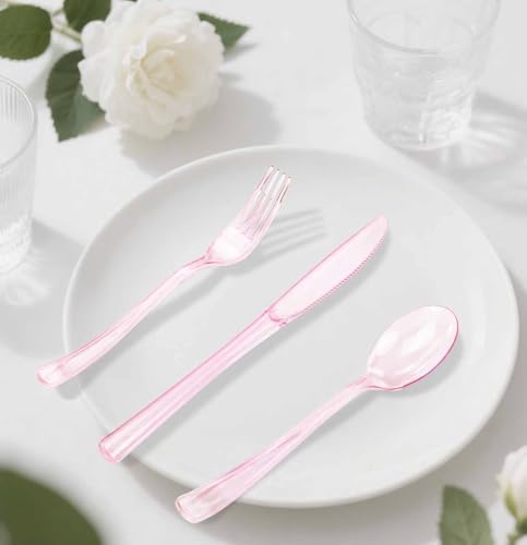 HEIPINIUYE 75 Pack Light Pink Clear Plastic Cutlery Heavy Duty Clear Pink Plastic Knives Forks and Spoons Disposable Silverware Set for 25 Guest Camping Birthday Baby Shower Party Utensil Set - Image 7