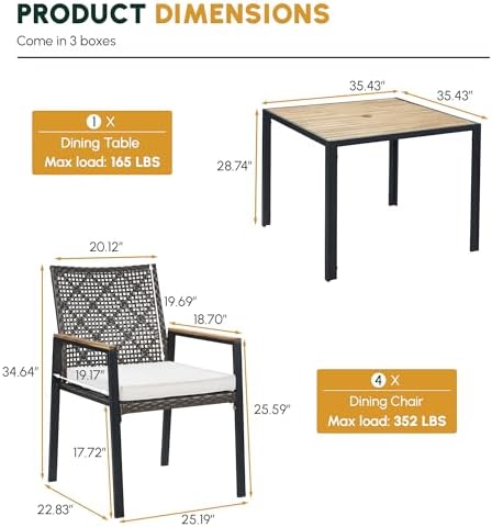 5-Piece Patio Dining Set for 4, Outdoor Dining Set with 4 Wicker Patio Dining Chairs with Cushions & Acacia Wood Square Dining Table with 1.75" Market Umbrella Hole, Brown & White - Image 3