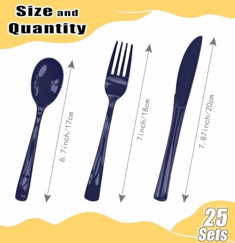 HEIPINIUYE 75 Pack Navy Blue Plastic Cutlery Heavy Duty Blue Plastic Knives Forks and Spoons Disposable Silverware Set for 25 Guest Camping Birthday Baby Shower Party Cutlery Set - Image 3