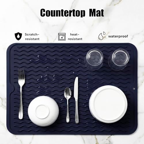MicoYang Silicone Dish Drying Mat — Quick-Dry Ridges Counter & Sink Pad, Heat-Resistant Trivet to 450°F, Non-Slip & Dishwasher Safe, Roll-Up Storage, 18 Colors & 9 Sizes (Navy Blue, 16"×12") - Image 3