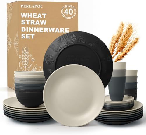 Wheat Straw Dinnerware Sets 40 PCS - Unbreakable Plates and Bowls Sets for 8,Party Kitchen Camping RV Dishwasher & Microwave Safe Modern Lightweight Dishware Sets - Black Grey by Perlapoc