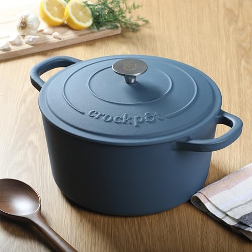 Crock-Pot Artisan 5-Quart Round European Enameled Cast Iron Dutch Oven with Lid – Matte Navy Blue, Durable Oven Safe Cookware - Image 4