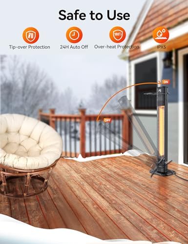 VAGKRI 42" 1500W Electric Outdoor Infrared Heater with Remote, 9 Heat Levels, 24H Timer, 1S Fast Heating, IPX5 Waterproof Tower Space Heater for Home, Office, Patio, Garage - Image 2