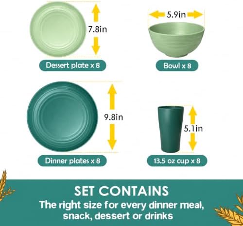 Teivio 32-Piece Kitchen Plastic Wheat Straw Dinnerware Set, Service for 8, Dinner Plates, Dessert Plate, Cereal Bowls, Cups, Unbreakable Colorful Plastic Outdoor Camping Dishes, Green Ombre - Image 2