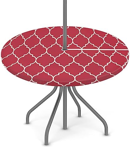 Round Tablecloth with Umbrella Hole and Zipper Moroccan Pattern Outdoor Elastic Fitted Table Cloth 36"-44" Oil-Proof Waterproof Burgundy Red Patio Table Cover for Picnic Party by GzLeyigouHomeKitchen