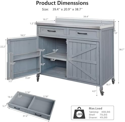 39.4" Outdoor Kitchen Island with Drawer and Stainless Top, Grey Blue - Image 2