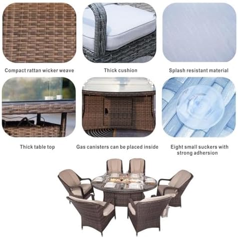 Brown Rattan 6 Seat Patio Furniture Oval Fire Pit Dining Table with Chairs - Image 5