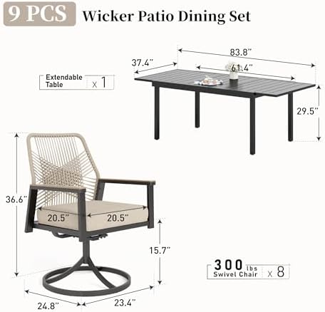 SUNSHINE VALLEY Swivel Patio Dining Set, Extendable Metal Table & 8 Chairs - Image 4