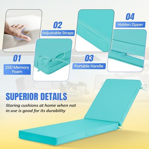 Basic Beyond Chaise Lounge Cushions Outdoor, 3-Layer Waterproof Outdoor Furniture Cushions with Removable Cover and 4 Ties, 72"x21"x3" Patio Lounge Chair Cushions for Outdoor Furniture, Teal - Image 3