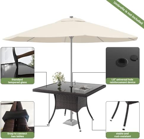 ALAULM 5 Piece Patio Dining Set All-Weather Wicker Outdoor Furniture Set w/Tempered Glass Tabletop, Removable Cushions and Umbrella Hole for Patio, Backyard, Garden, Poolside（Brown） - Image 5