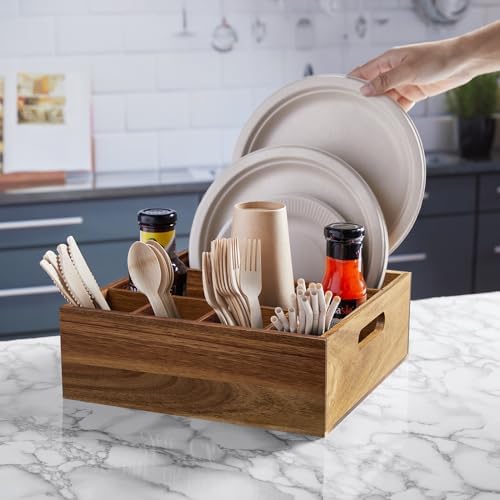 ALELION Acacia Wood Utensil Holder for Party - Paper Plate Organizer for Countertop - Silverware Caddy with 6 Compartments for Plate, Cup, Fork, Spoon - Cutlery Holder for Kitchen Camping Buffet - Image 3