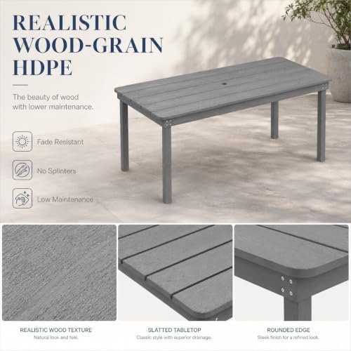 67" Rectangular Outdoor Dining Table, All-Weather HDPE Patio Table for 6-8 Person, Large Composite Wood Furniture with Umbrella Hole for Backyard Deck Garden Poolside, Gray - Image 5