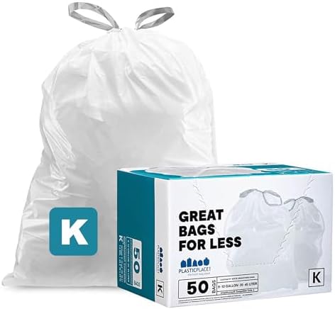 Plasticplace Custom Fit Trash Bags, Compatible with simplehuman Code K (50 Count) White Drawstring Garbage Liners 10 Gallon / 38 Liters 24" x 28" by Plasticplace