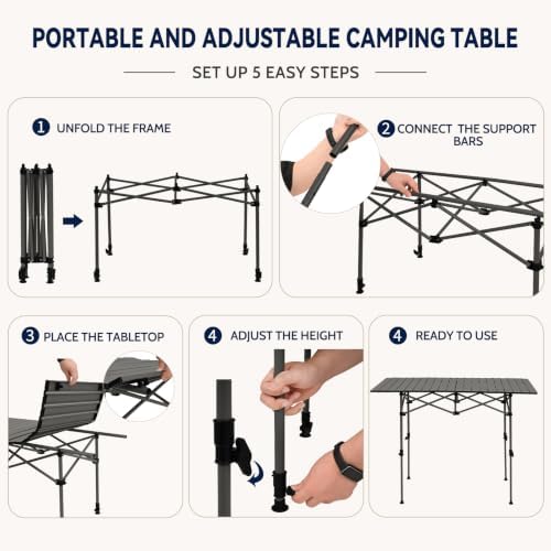 Portable Folding Camping Table, Adjustable Height, Black, 47 x 21 in - Image 3