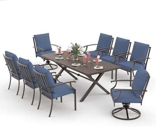 ALAULM 9-Piece Patio Dining Table and Chairs for 8 Outdoor Dining Set with 2 Swivel Chairs Patio Dining Sets with Rectangular Metal Table with Umbrella Hole for Patio, Backyard, Garden-Dark Blue - Image 7