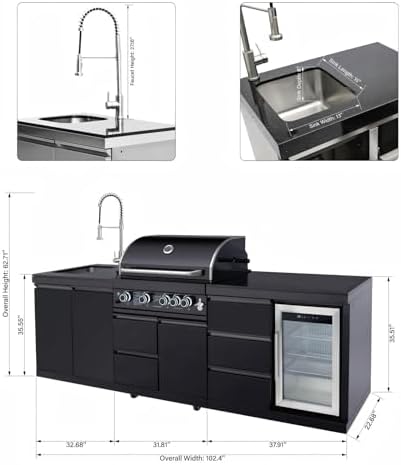 102.4'' Outdoor Kitchen Island, 59500 BTU, 4 Burners, Black - Image 2